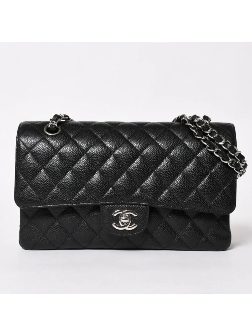 Chanel Quilted 25 Double Flap Chain Shoulder Bag CC Logo Caviar Leather Black